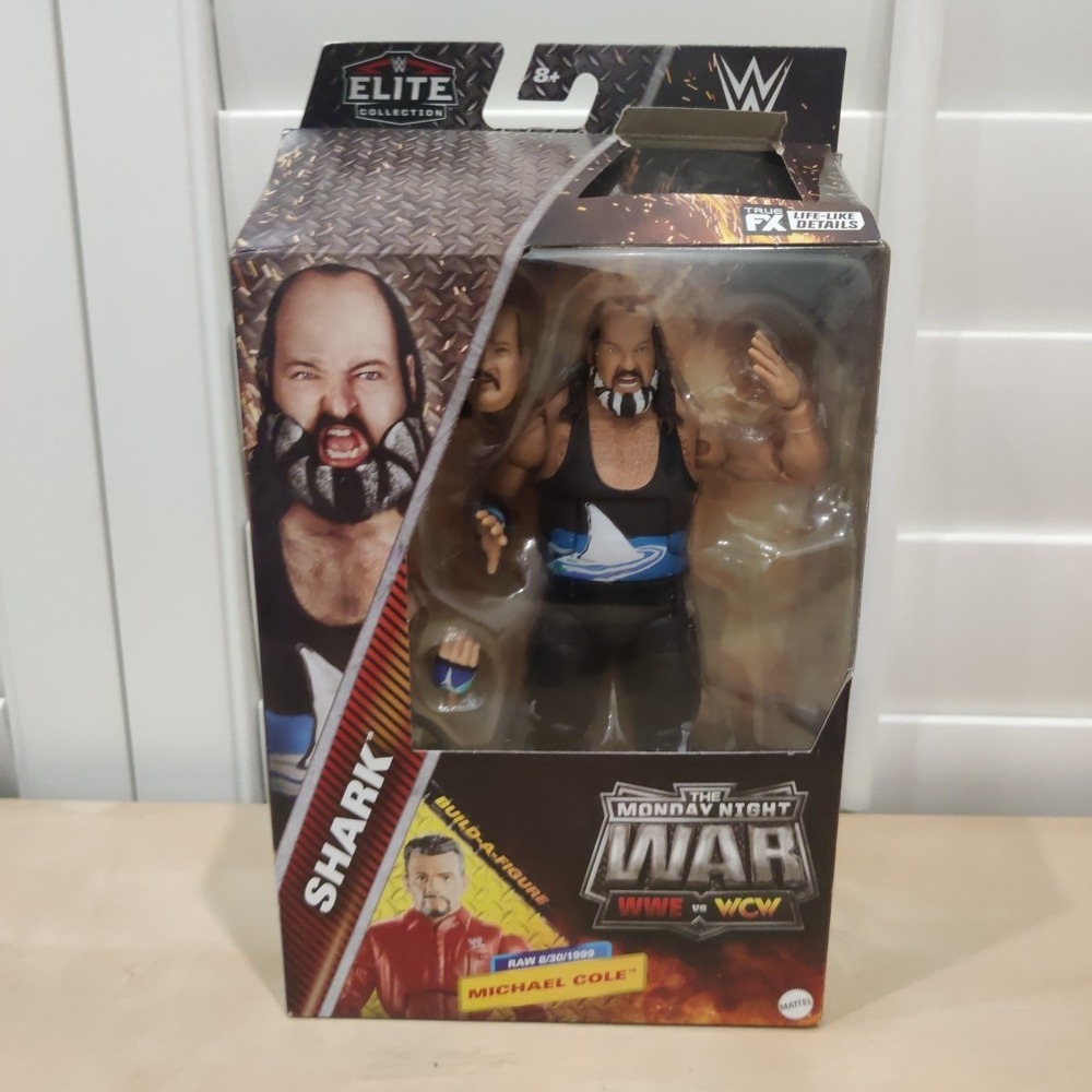 WWE vs. WCW Elite Monday Night War Shark figure w/ Michael Cole BAF
